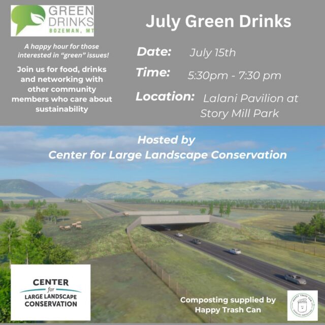 Please join the Center for Large Landscape Conservation (CLLC) for Green Drinks at the Shane Lalani Pavilion in Story Mill Park (698 Bridger Dr, Bozeman) on Wednesday, July 15, from 5:30 to 7:30 pm. Green Drinks is a happy hour for those interested in “green issues” and learning more about CLLC’s work to connect habitat and advance wildlife crossings in Gallatin Valley and beyond. This will be a fun and engaging evening for conservationists, and those who cherish Montana’s scenic landscapes and wildlife. Follow the link in our bio for more information.